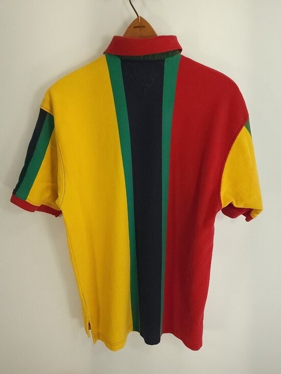 Vtg Tommy Hilfiger Polo Shirt Men's Large Navy Blue Green Yellow Red Distressed - Picture 8 of 13